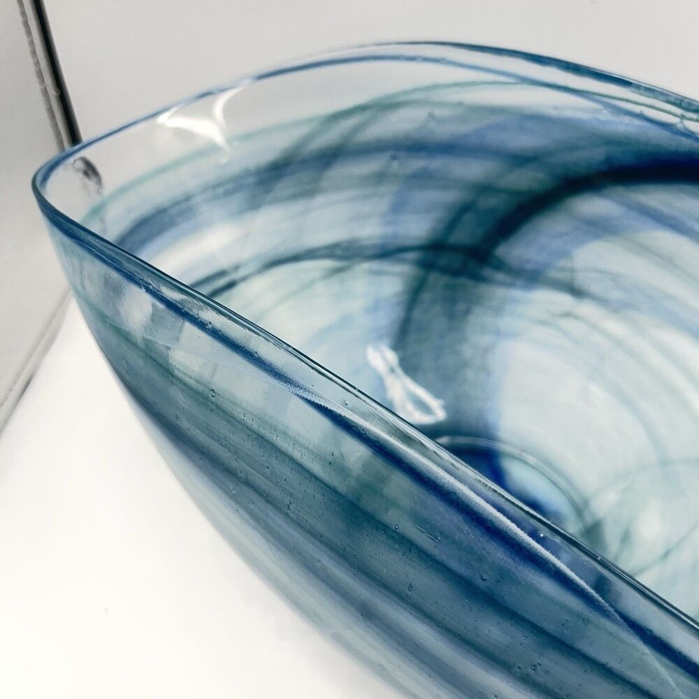 14"x7" Oval Blue Folded Satin Glass Bowl Lines Swirls - Picture 5 of 16